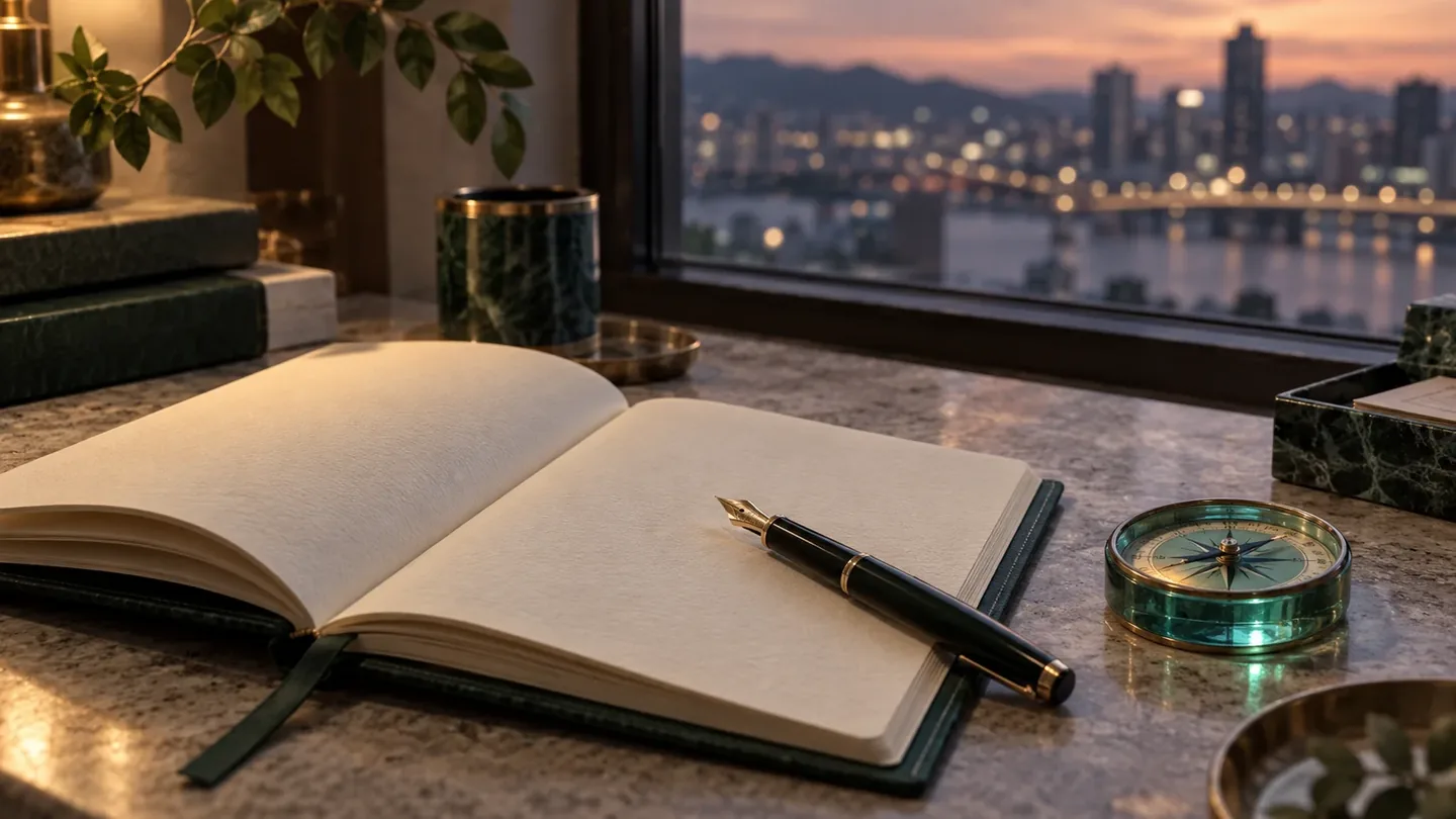 노트와 나침반을 놓은 책상 일러스트