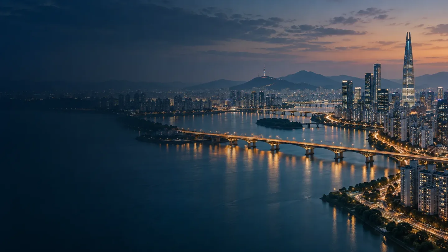 강변에 불이 켜진 도시를 표현한 설명용 일러스트